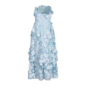 3D Flower Embroidered Strapless Tube Dress in Light Blue