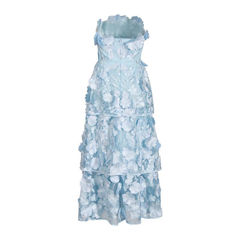 3D Flower Embroidered Strapless Tube Dress in Light Blue