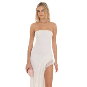 Mesh Strapless Triple Ruffle Maxi Dress in White