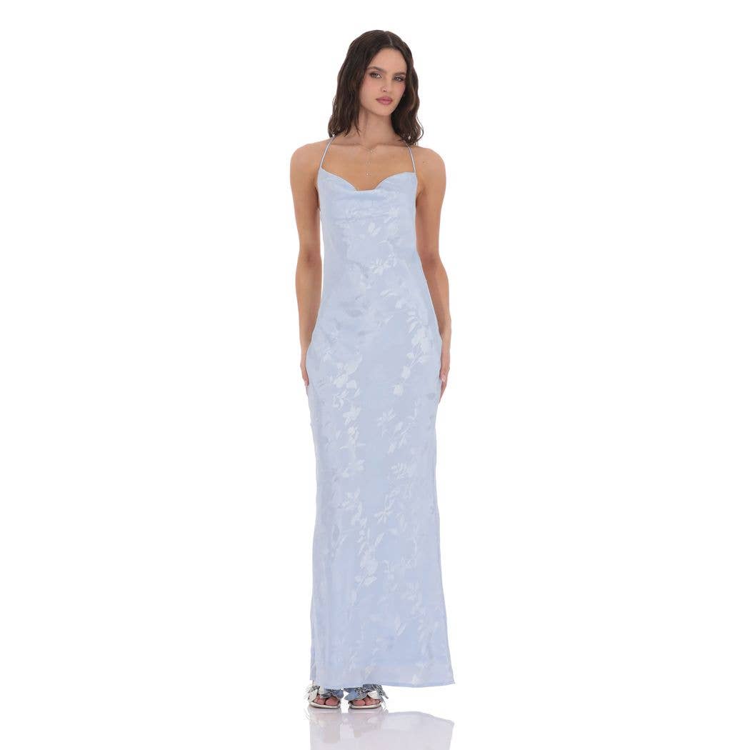 Floral Jacqaurd Cowl Neck Maxi Dress in Light Blue