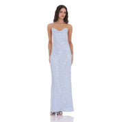 Floral Jacqaurd Cowl Neck Maxi Dress in Light Blue