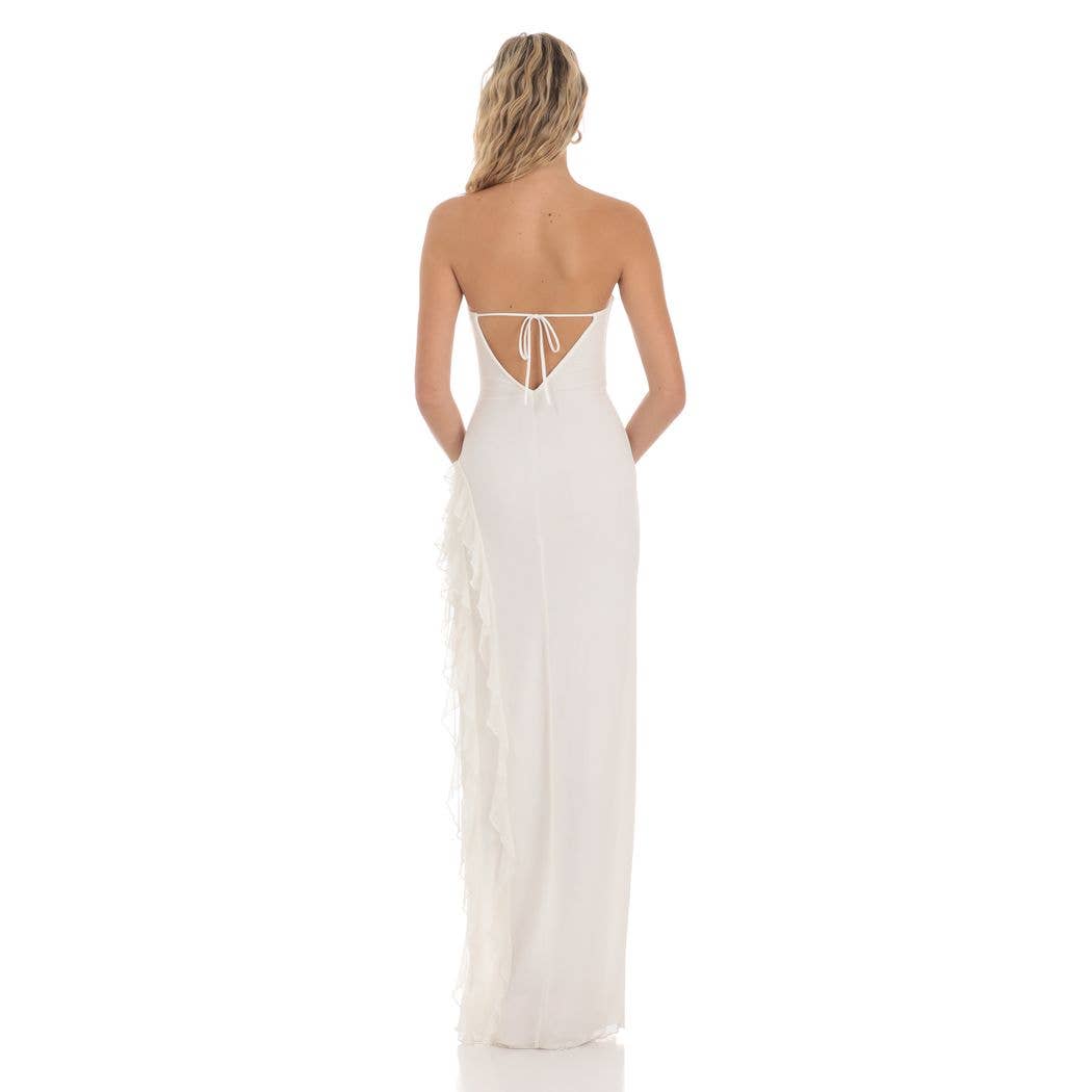 Mesh Strapless Triple Ruffle Maxi Dress in White