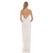 Mesh Strapless Triple Ruffle Maxi Dress in White