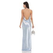 Rhinestone Satin Open Back Maxi Dress in Blue