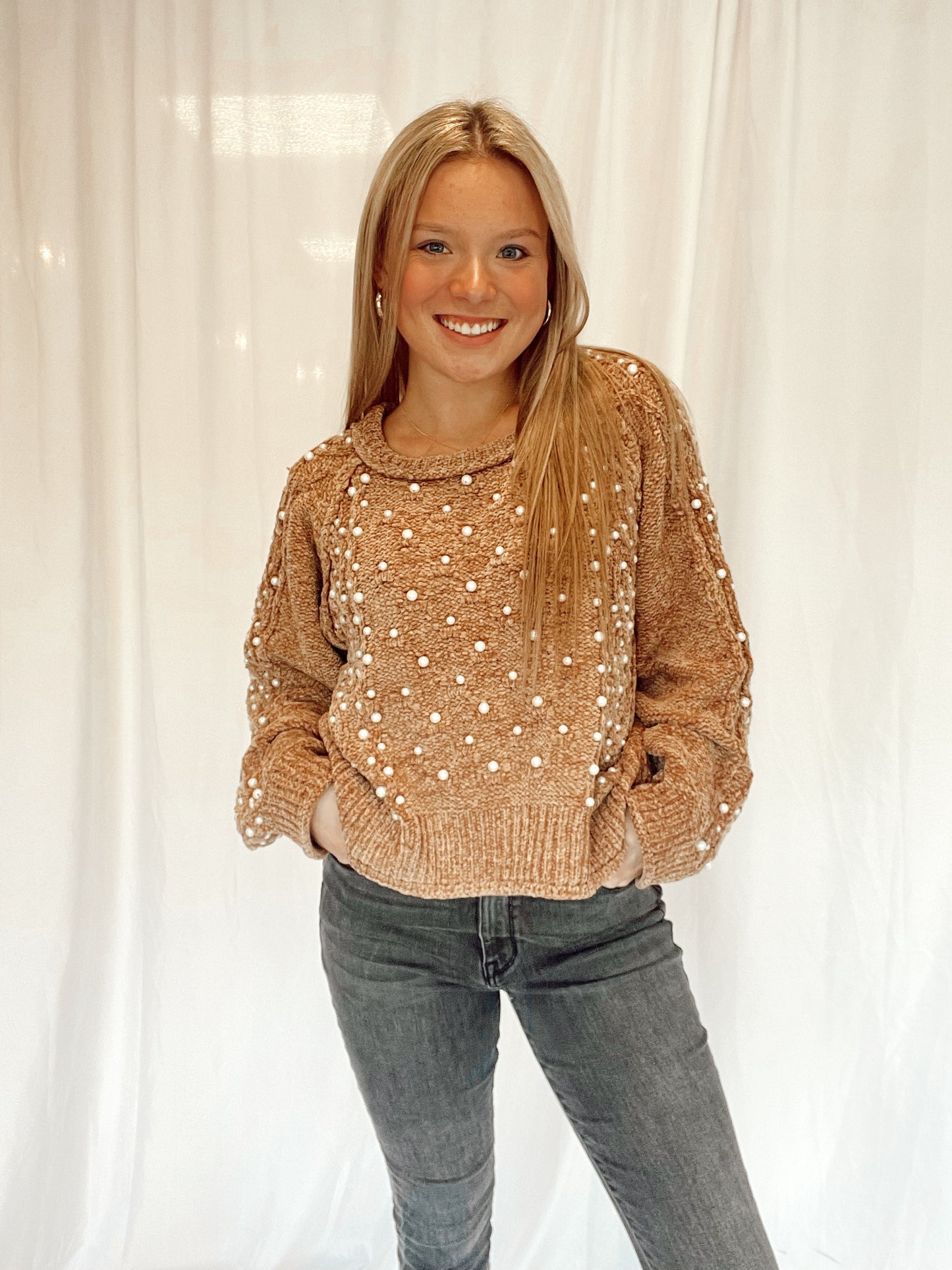 Pearl Detailed Knit Sweater Caramel
