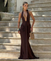 Ruched Plunge Halter Maxi Dress with Side Ruched Details: Brown