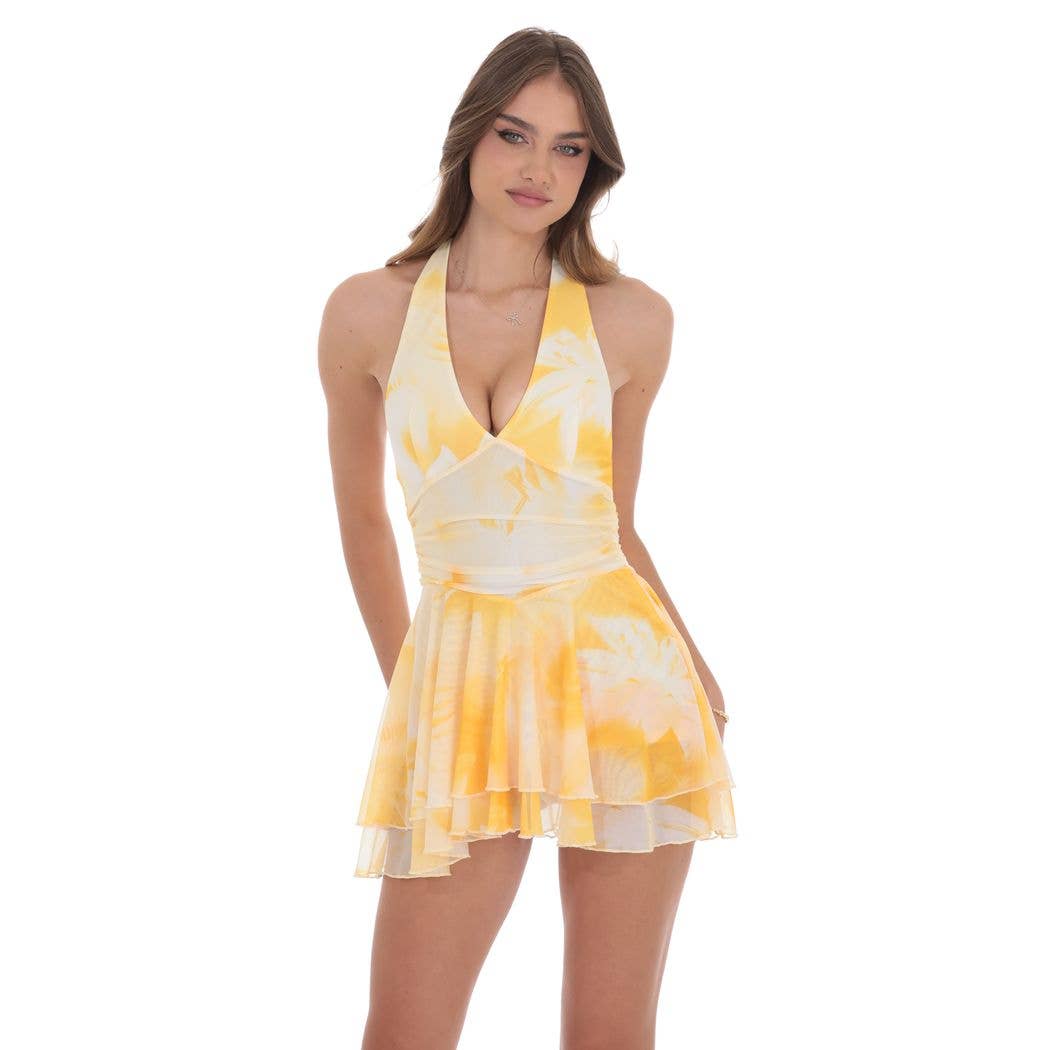 Mesh Floral Halter Romper in Yellow