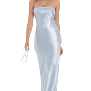 Strapless Satin Open Back Maxi Dress in Light Blue