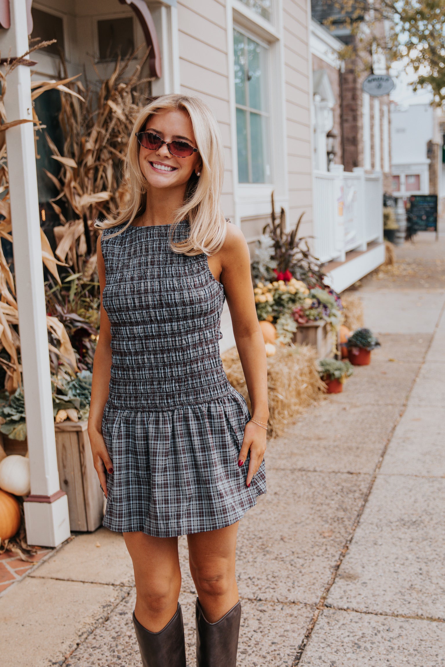 Bethany Smocked Romper Brown/Blue Plaid