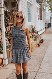 Bethany Smocked Romper Brown/Blue Plaid