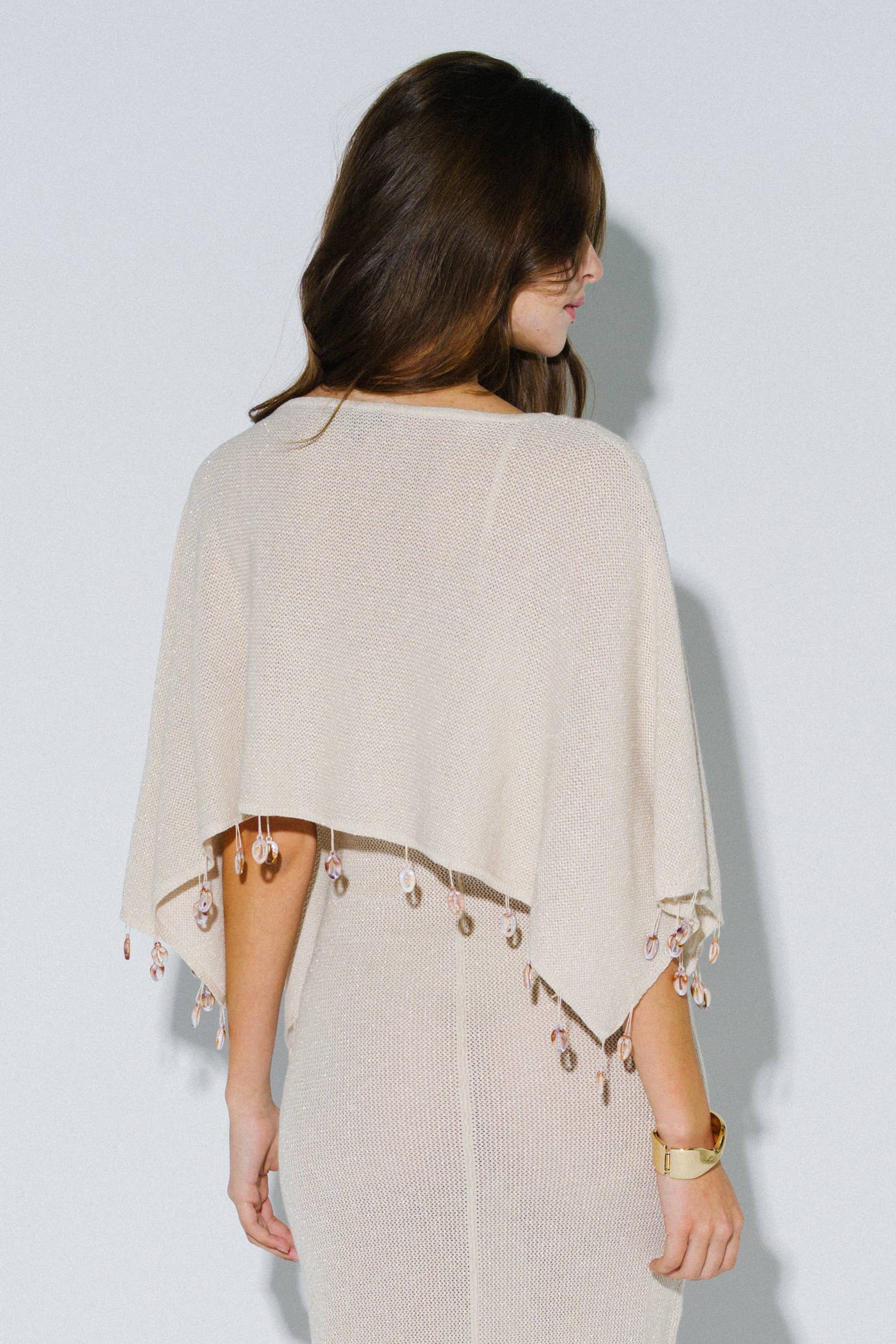 Beaded Lurex Poncho: Cream