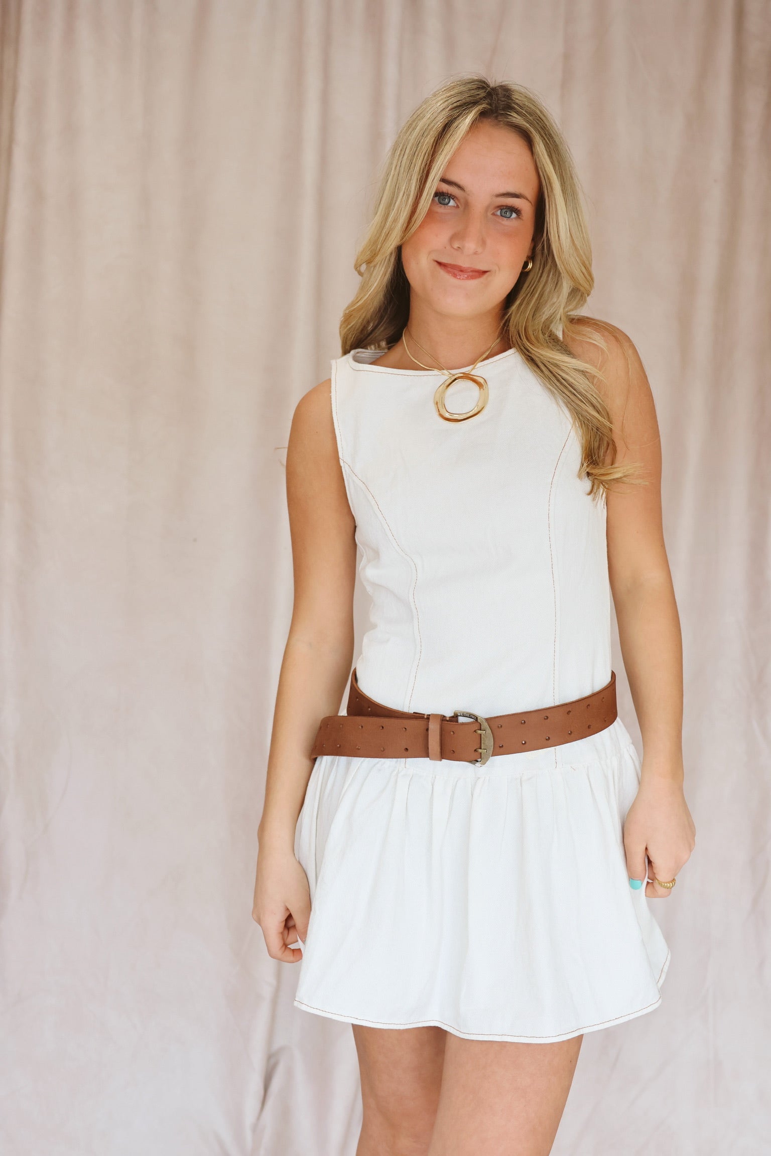 Cream Denim Drop Waist Mini