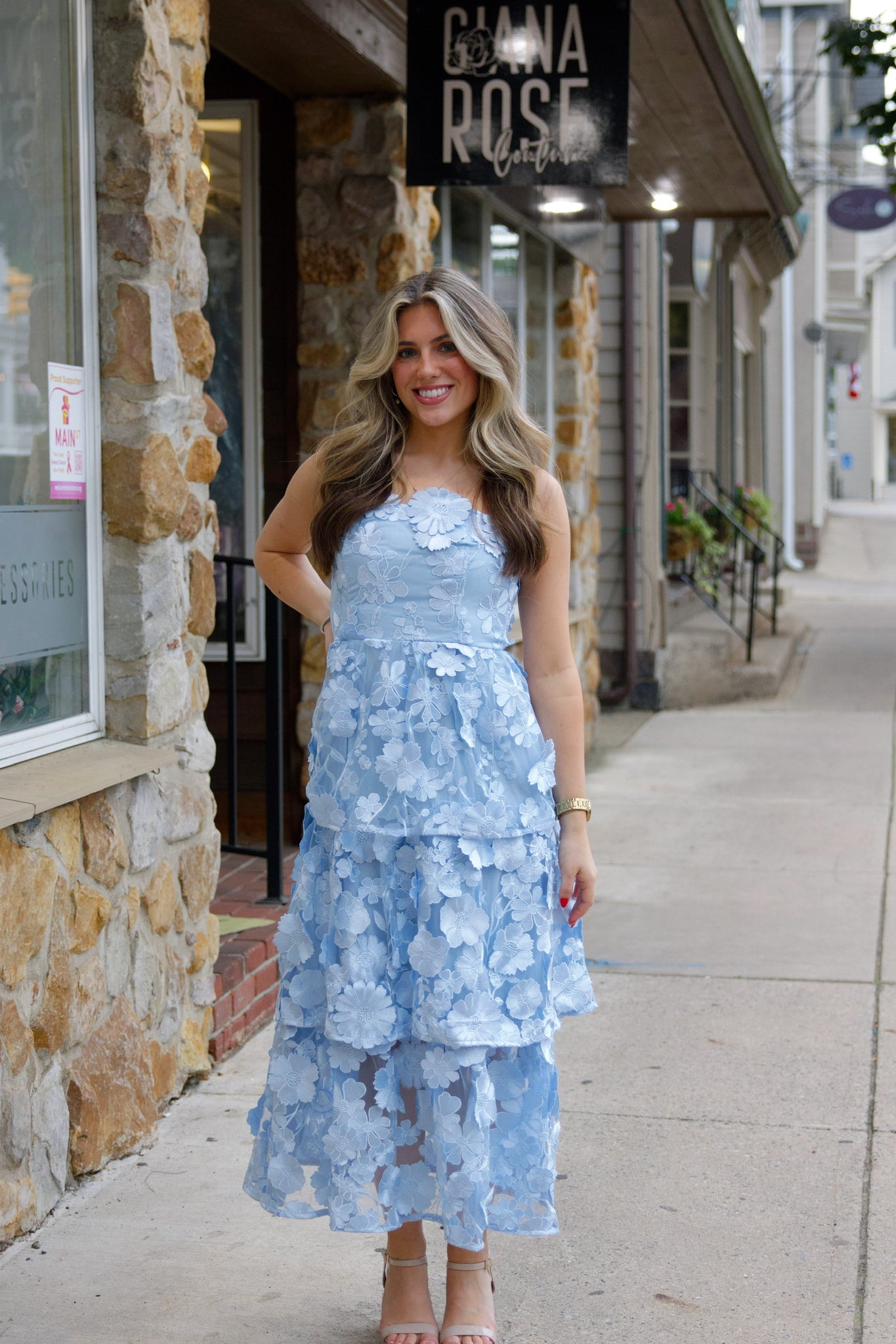 3D Flower Embroidered Strapless Tube Dress in Light Blue L