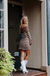 Tate Off The Shoulder Sweater Dress Brown Stripe