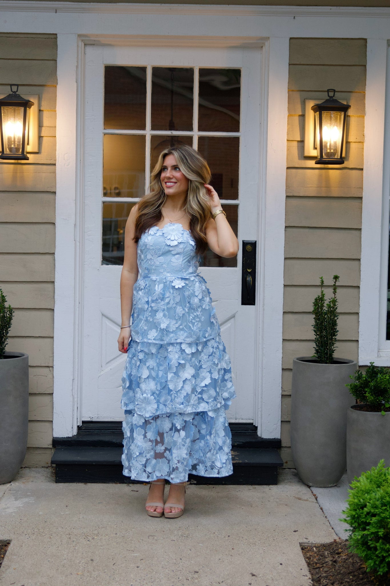 3D Flower Embroidered Strapless Tube Dress in Light Blue L