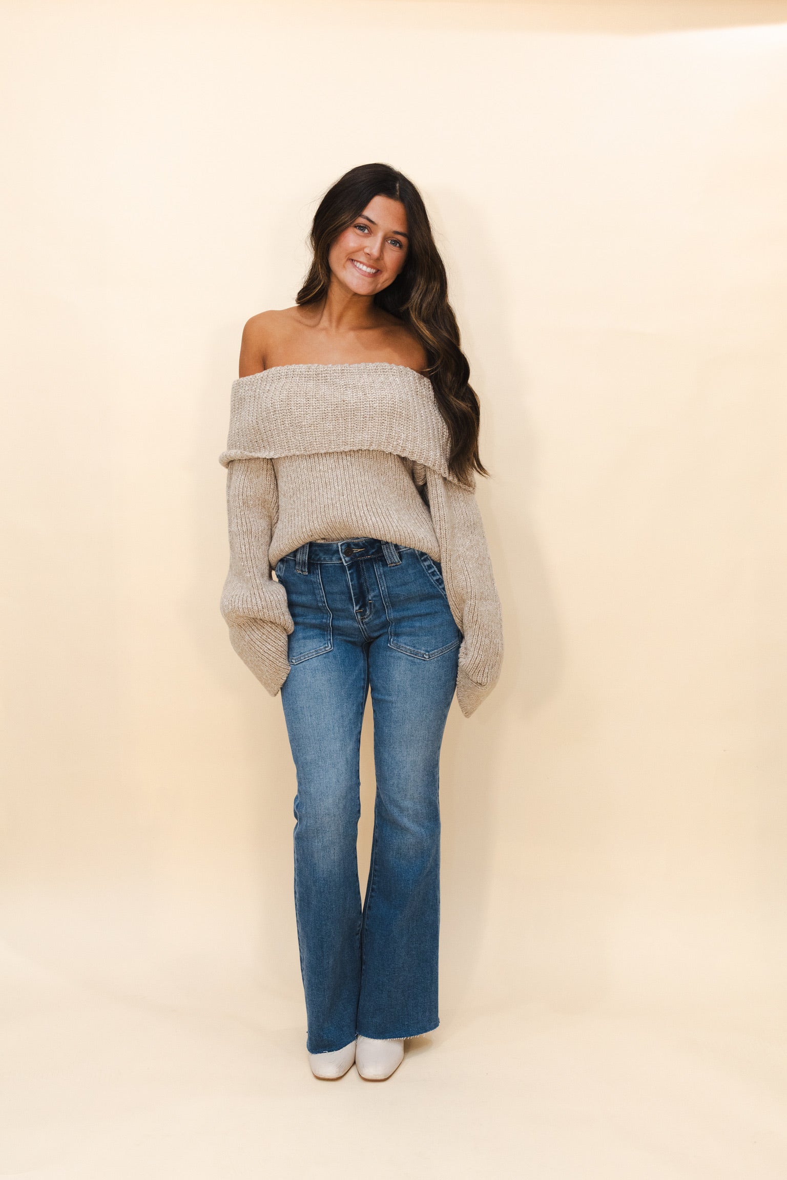 Off the Shoulder Button Back Sweater in Oatmeal