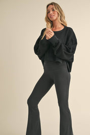 Waffle Knit Oversized Long Sleeve Top: Dark Chocolate