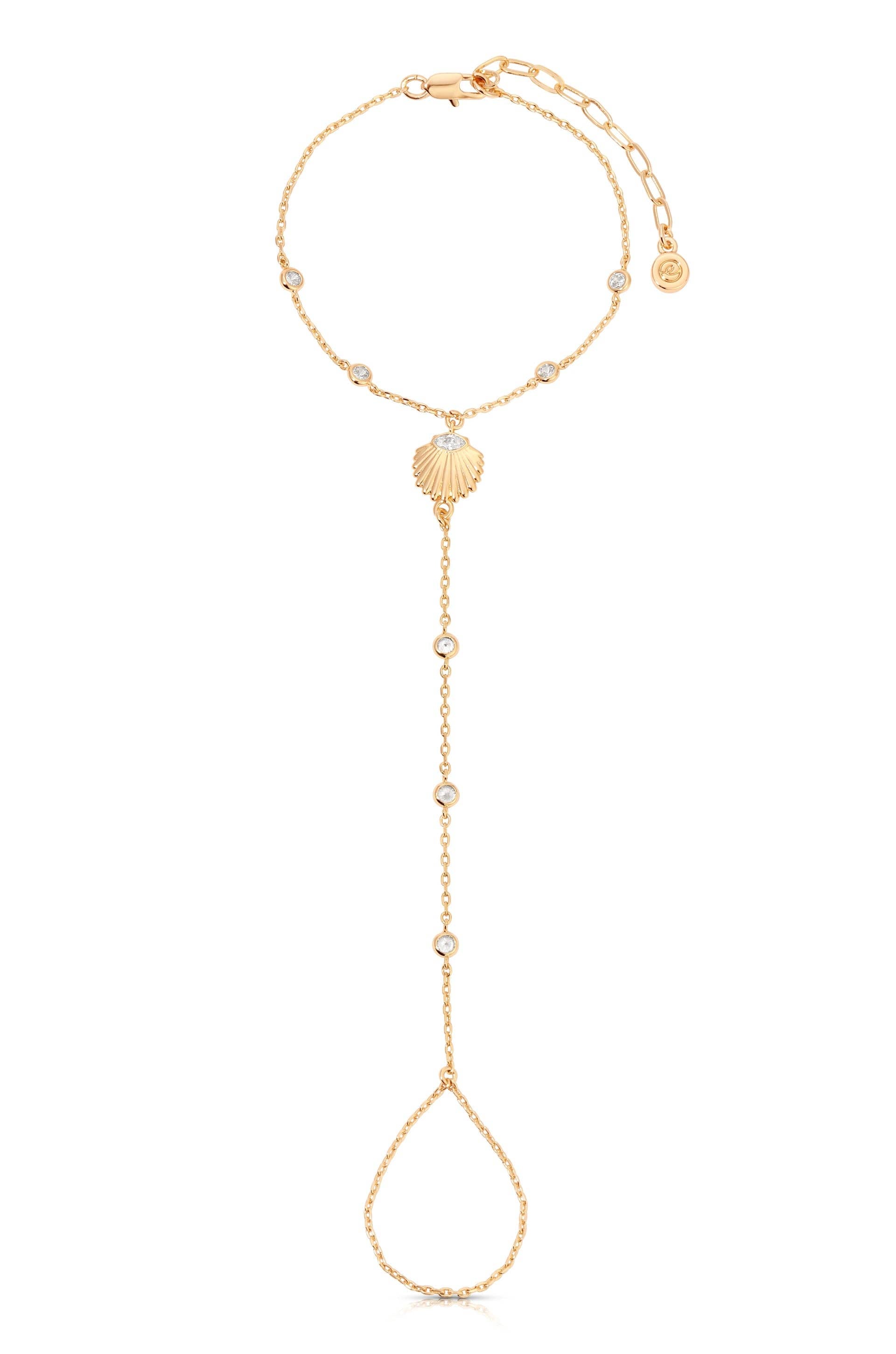 Santorini Shell Hand Chain: Clear Crystal with 18k Gold Plating / One Size