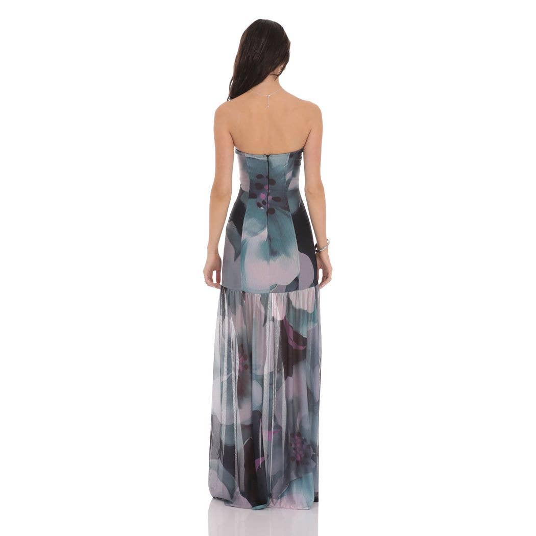 Foral Mesh Strapless Maxi Dress in Navy