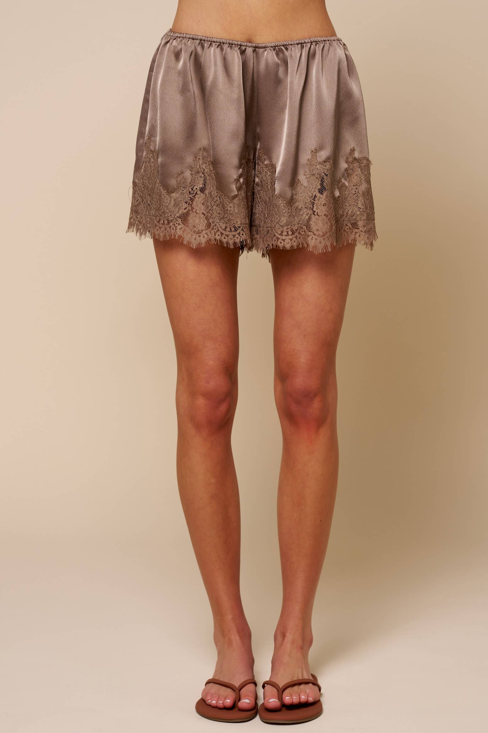 Satin Lace Trim Shorts : Mocha