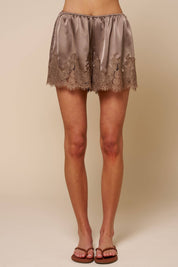 Satin Lace Trim Shorts : Mocha