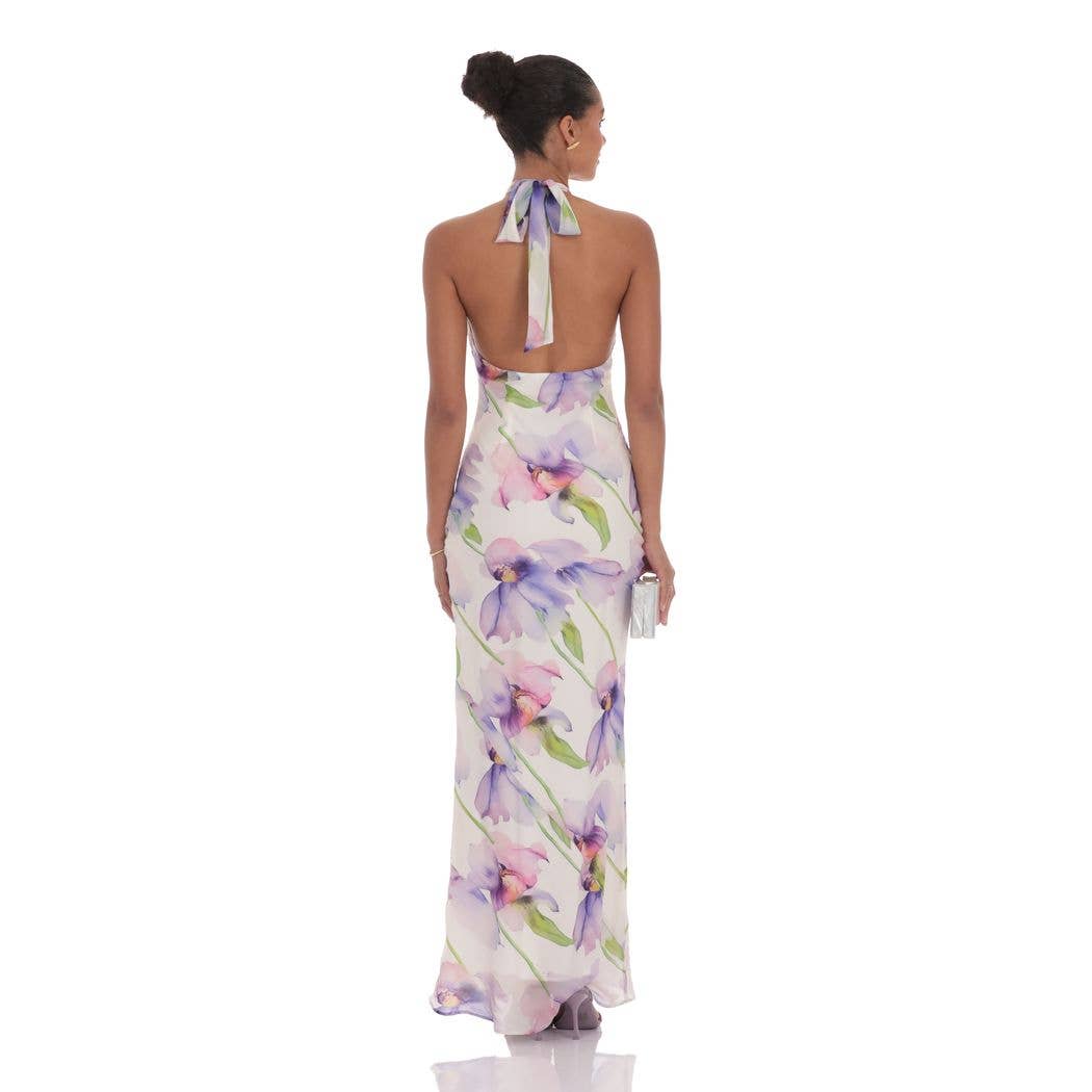 Floral Mock Neck Maxi Dress in Purple Multi