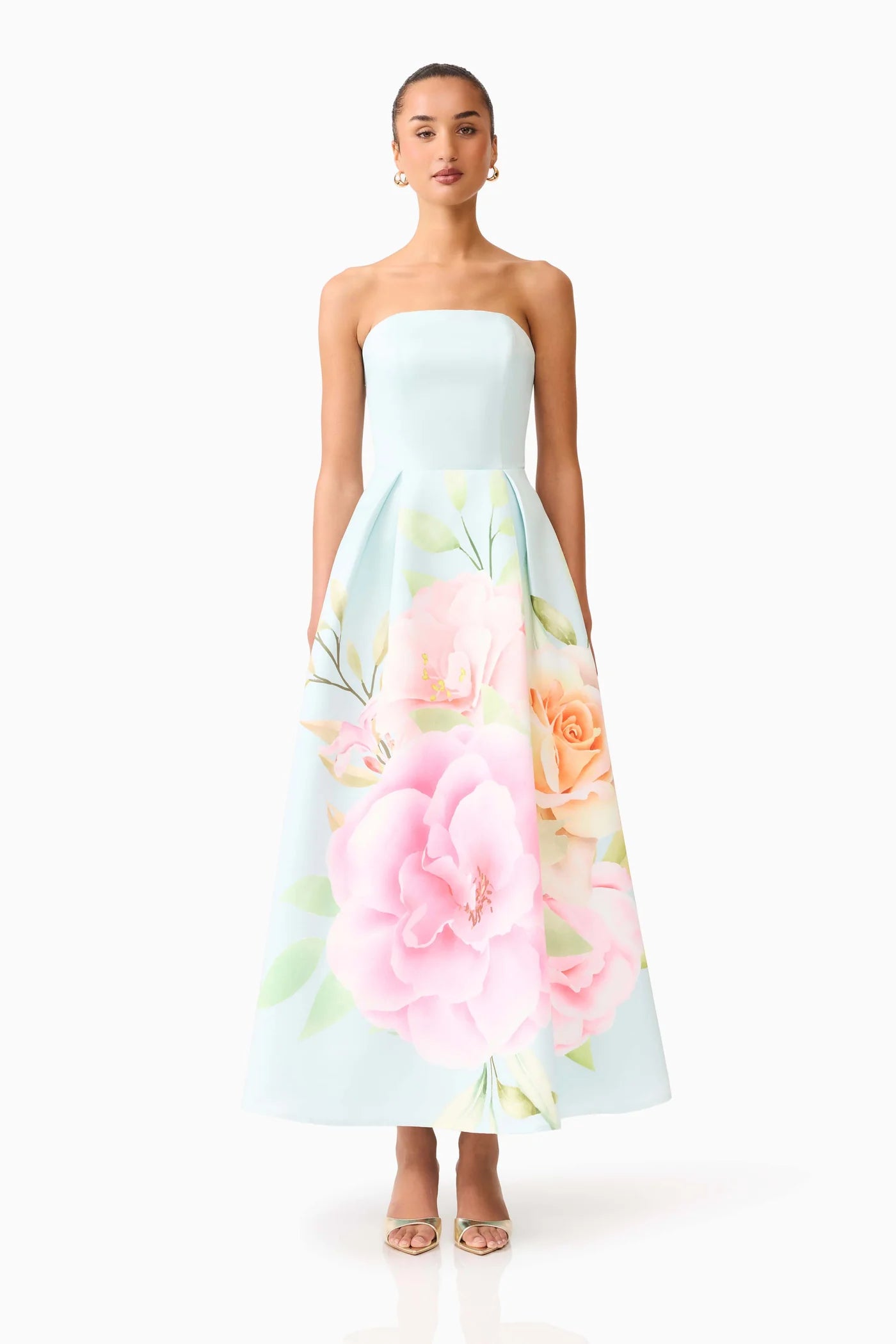 Harper Asymmetrical Gown in Baby Blue Floral by Elliatt