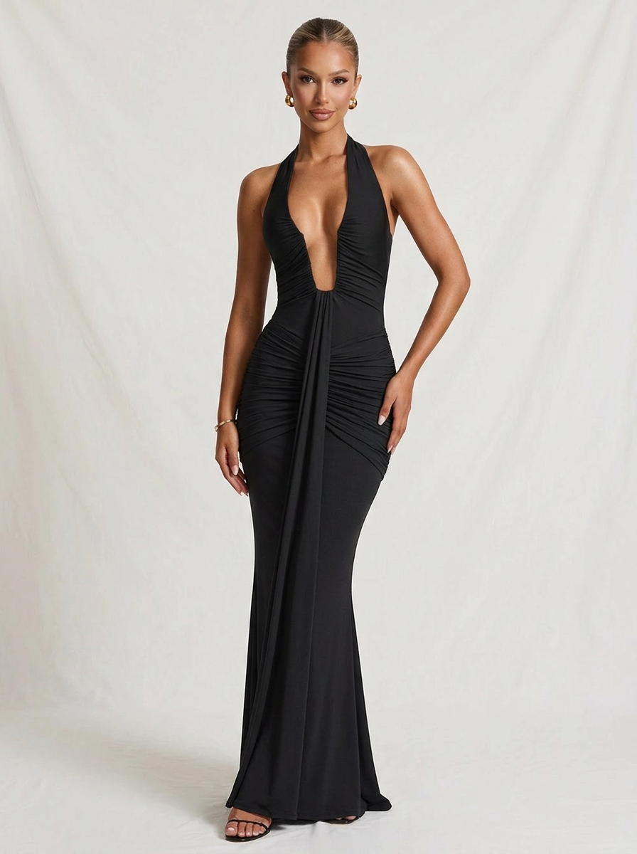 Ruched Plunge Halter Maxi Dress with Side Ruched Details: Brown