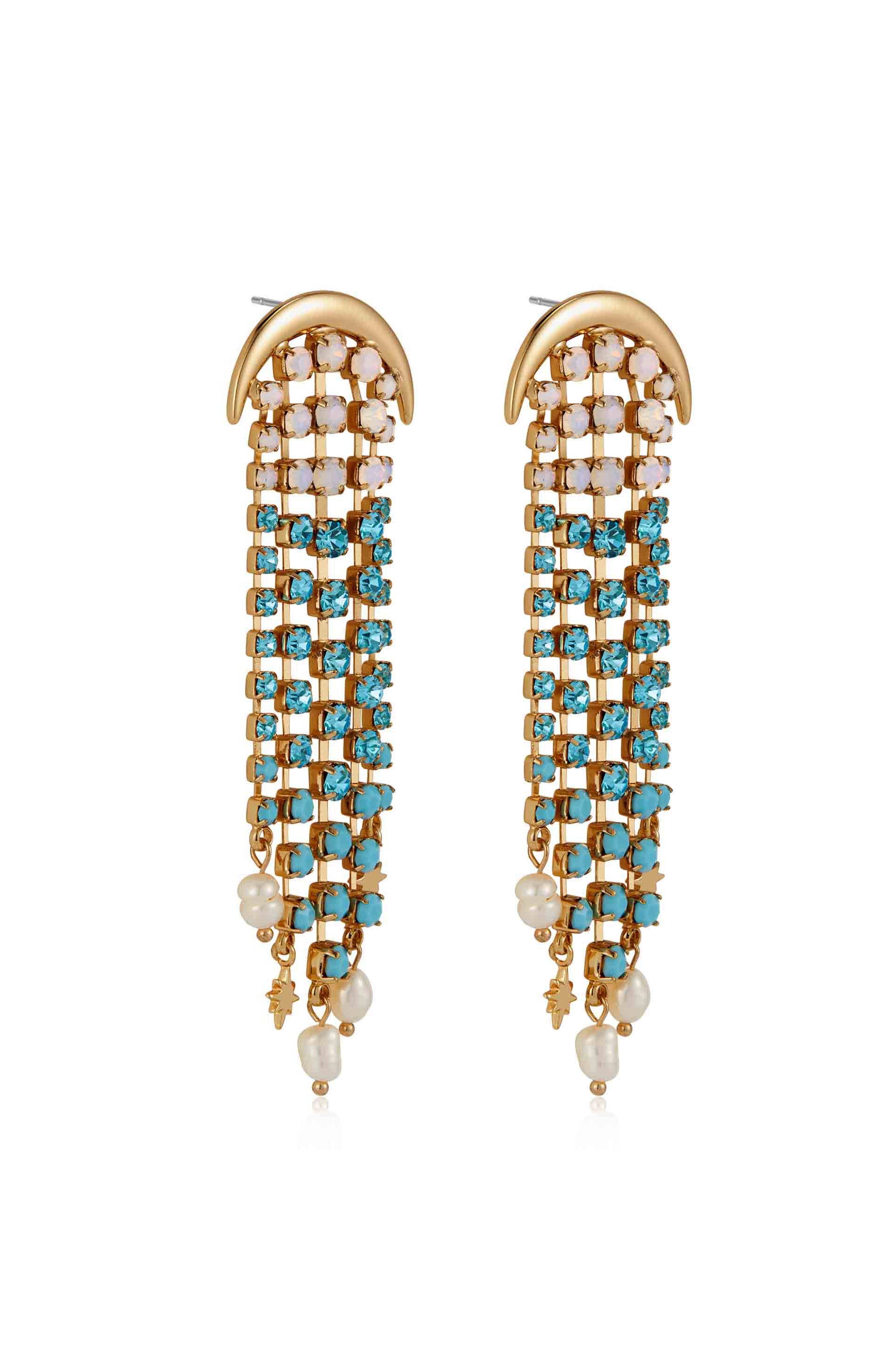 Aqua Galaxy Fringe Earrings: Aqua Crystal with 18k Gold Plating
