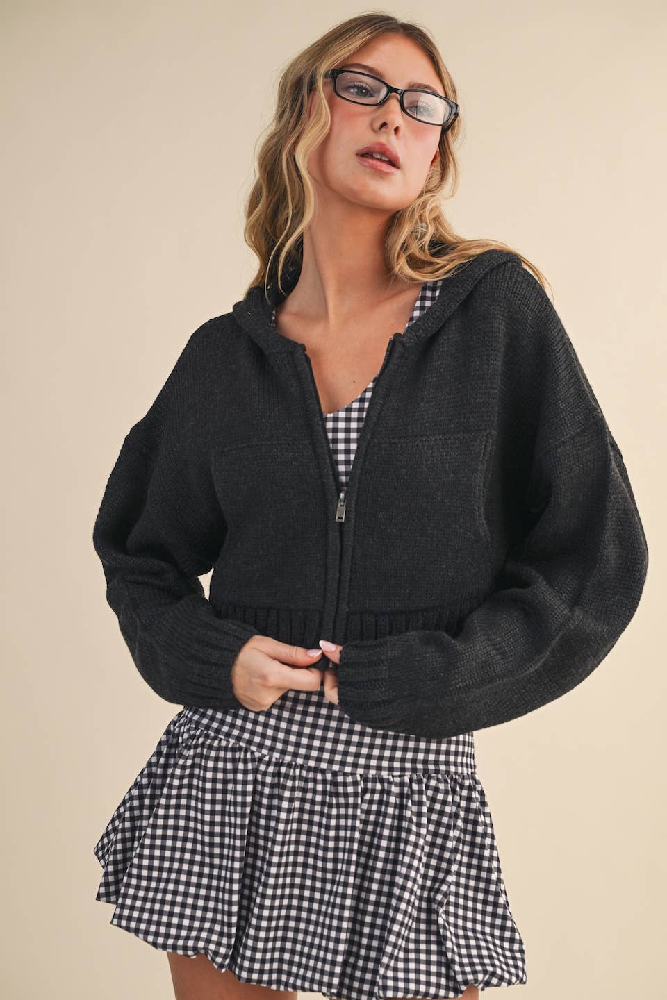 Knit Zip Up Hoodie Sweater Pink