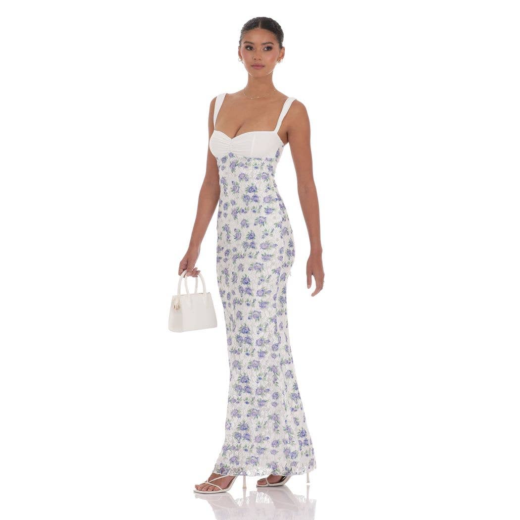 Floral Lace Maxi Dress in White/Blue