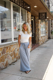 Wait A Minute Wide-Leg Lounge Pants in Soft Chambray