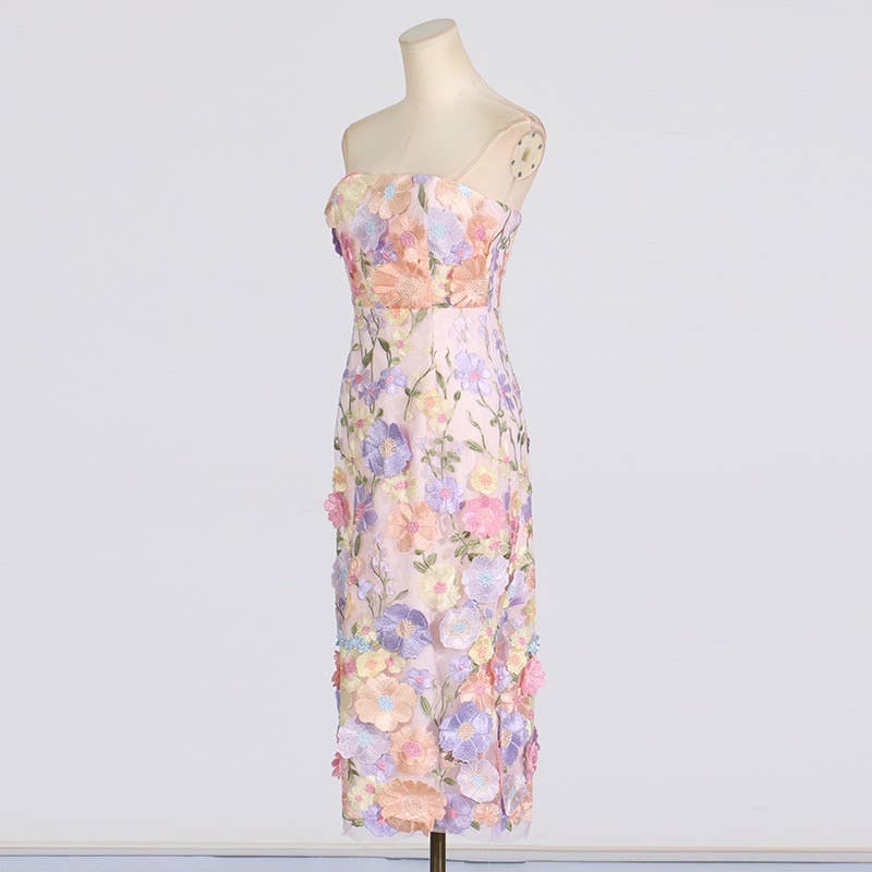 Floral Embroidered Slim Tube Dress in Purple