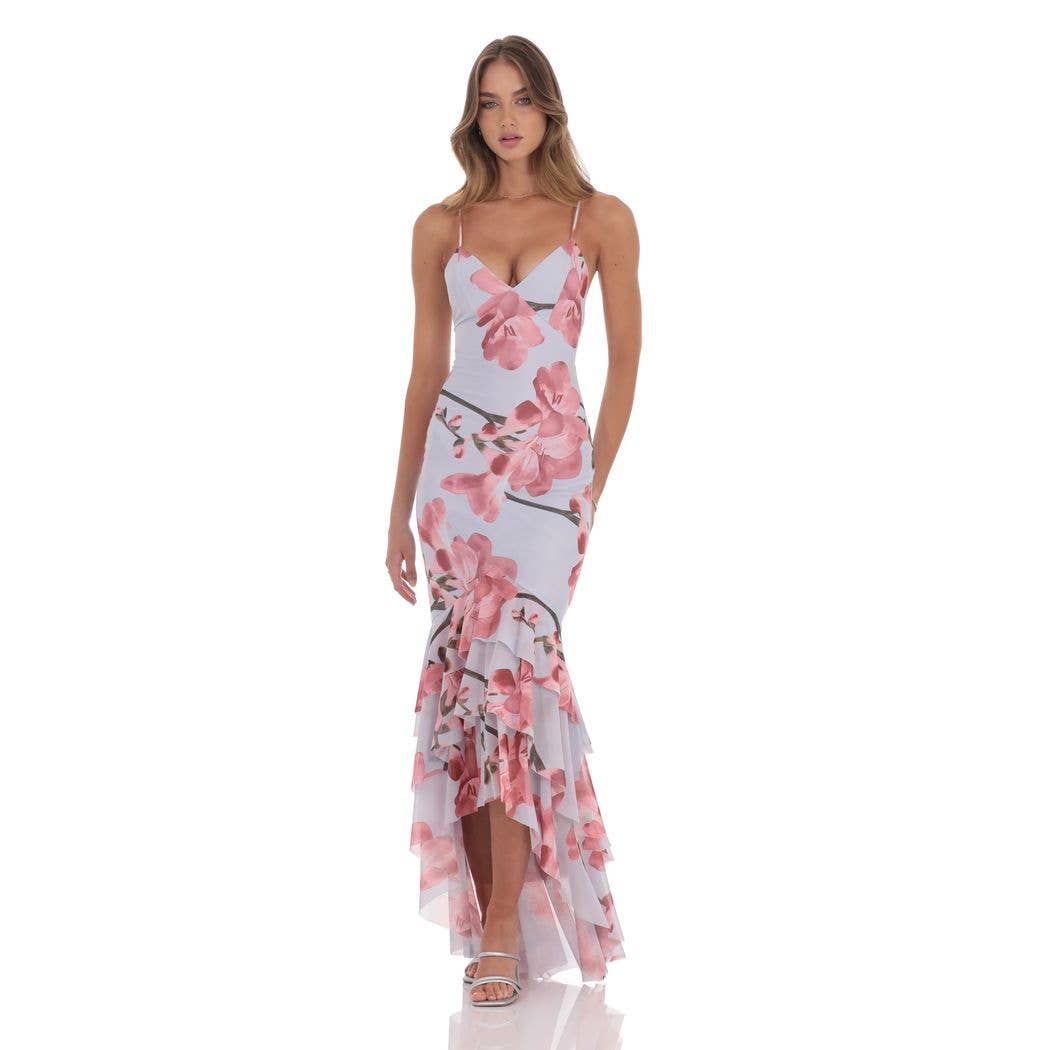 Mesh Floral Ruffle Fishtail Maxi Dress in Blue