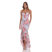Mesh Floral Ruffle Fishtail Maxi Dress in Blue