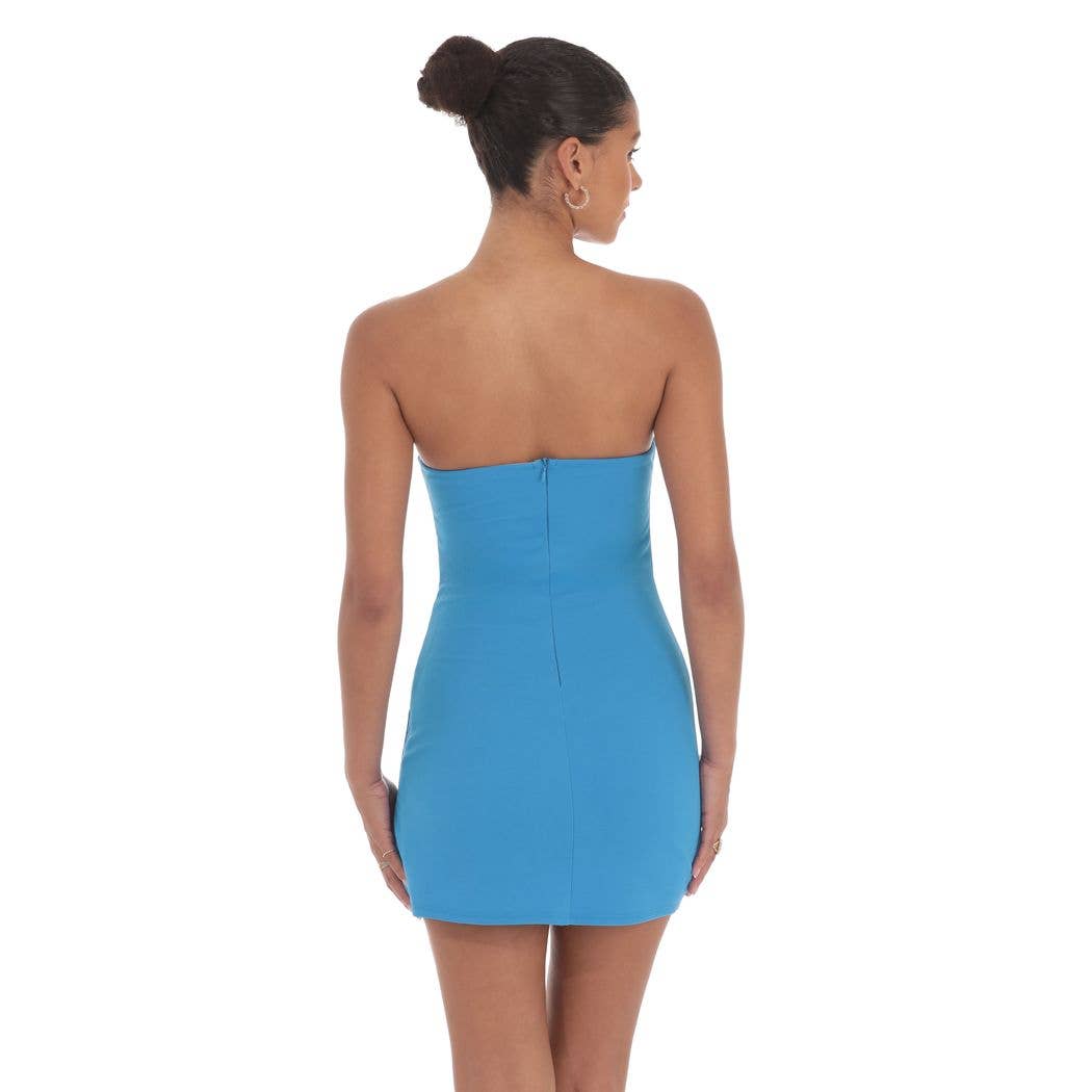 Strapless Side Ruched Dress in Aqua Blue