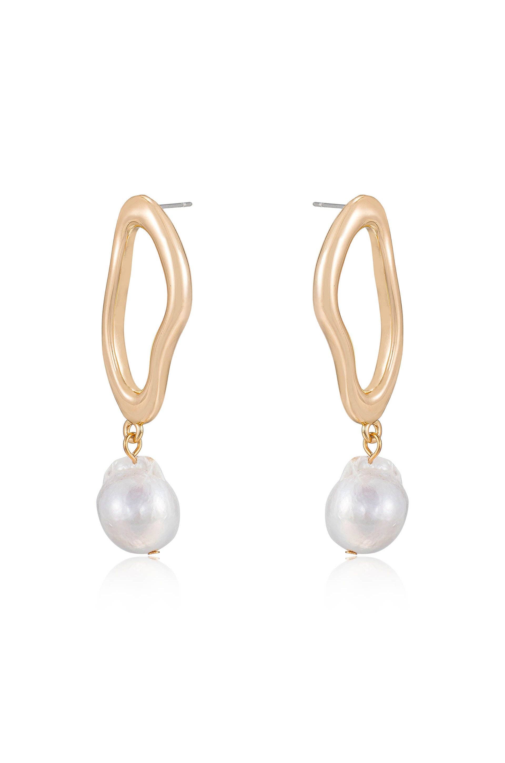 Open Circle Freshwater Pearl Earrings: White Pearl with 18k Gold Plating