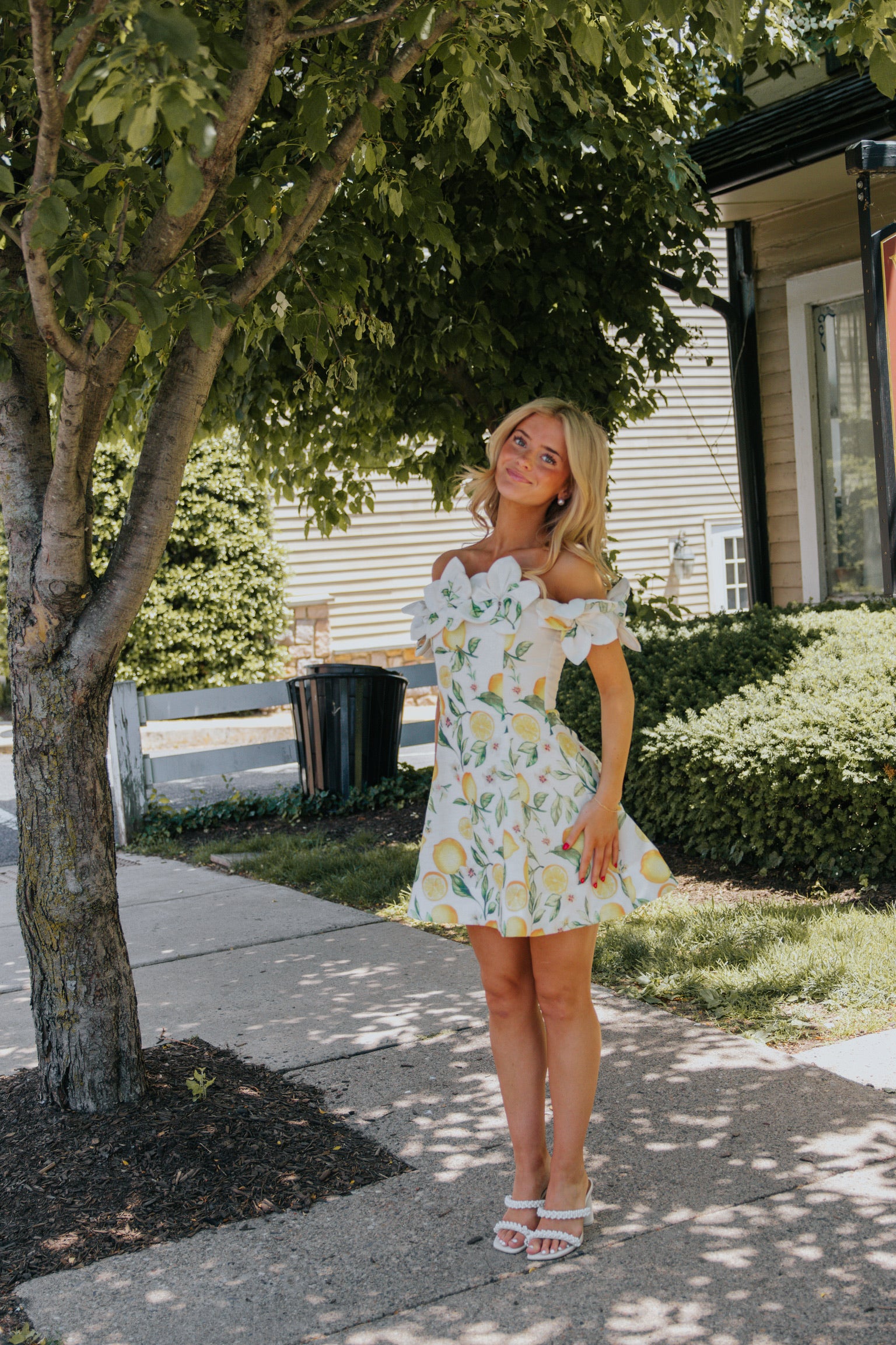 Hana Off Shoulder Mini Dress in Lemon Print