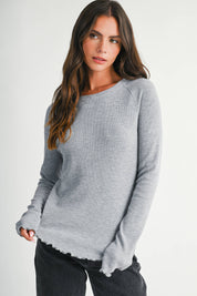 Thermal Knit Lettuce Edge Long Sleeve Top in Heather Grey