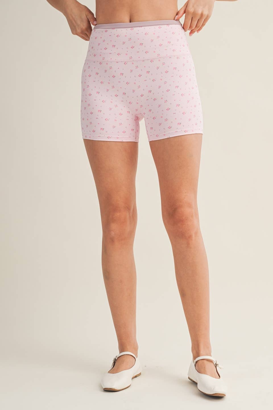 Ditsy Print Contrast Binding Biker Shorts Pink