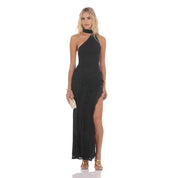 Mesh Halter Scarf Maxi Dress in Black