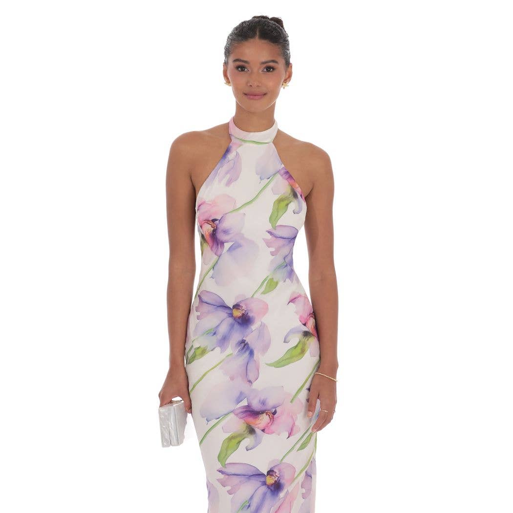 Floral Mock Neck Maxi Dress in Purple Multi