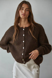 Knit Sweater Round Neck Long Sleeve Cardigan Top: Dark Chocolate