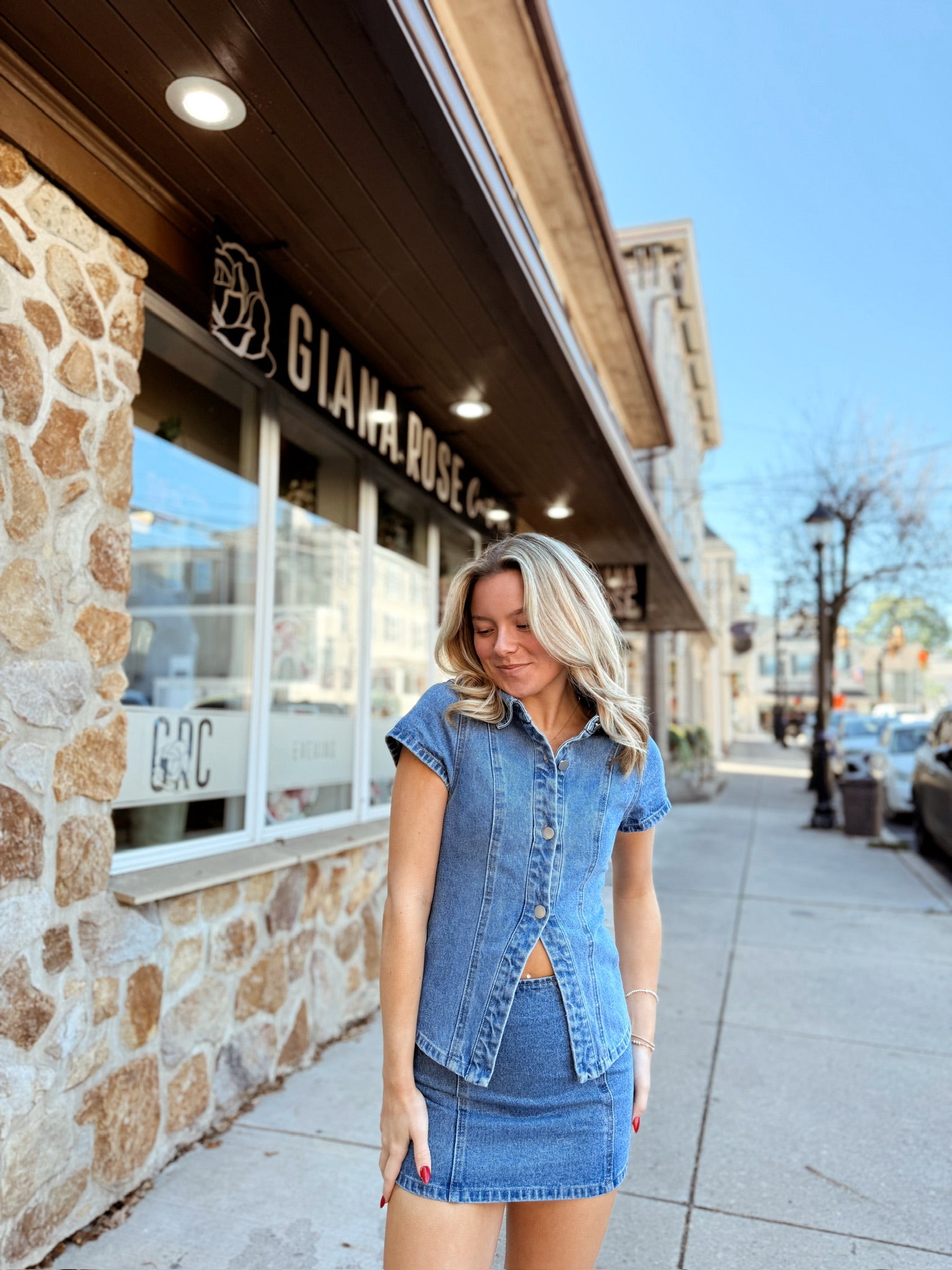 Tate Denim Mini Skirt And Shirt Set