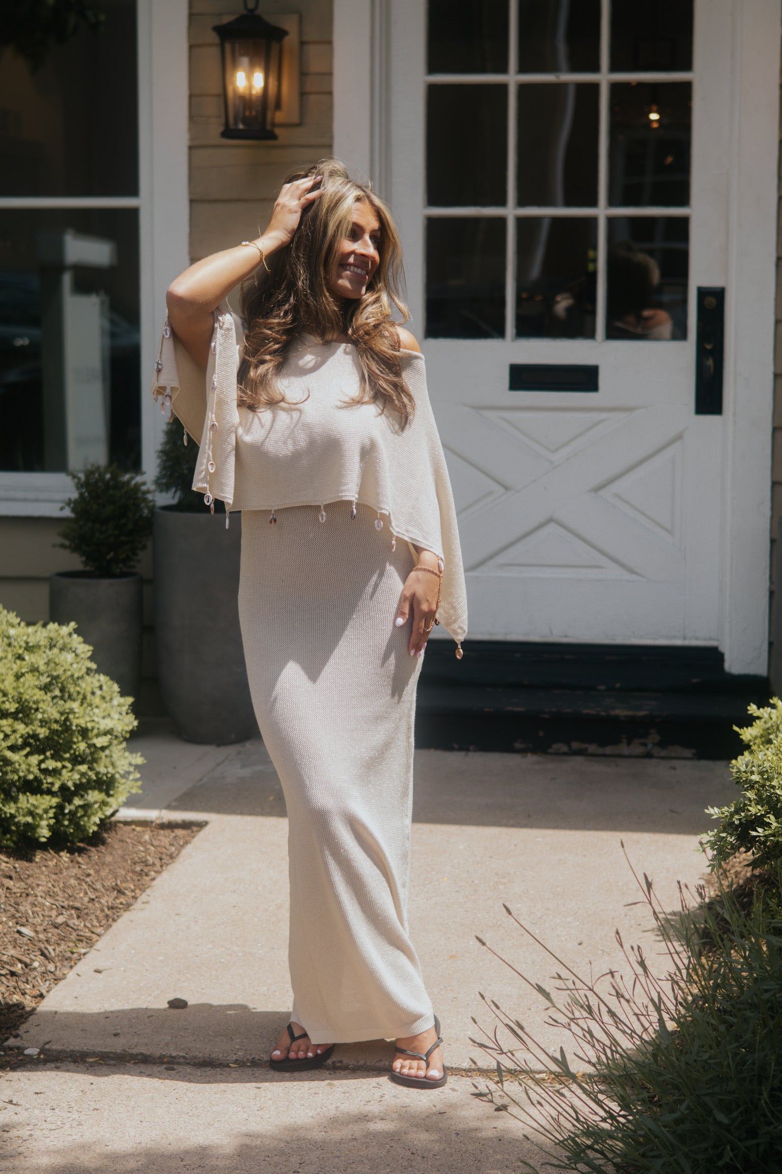 Beaded Lurex Poncho: Cream