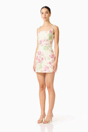 Greta Embroidered Mini Dress in Cream & Pink Floral