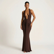 Ruched Plunge Halter Maxi Dress with Side Ruched Details: Brown