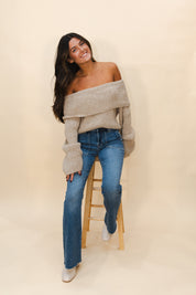 Off the Shoulder Button Back Sweater in Oatmeal
