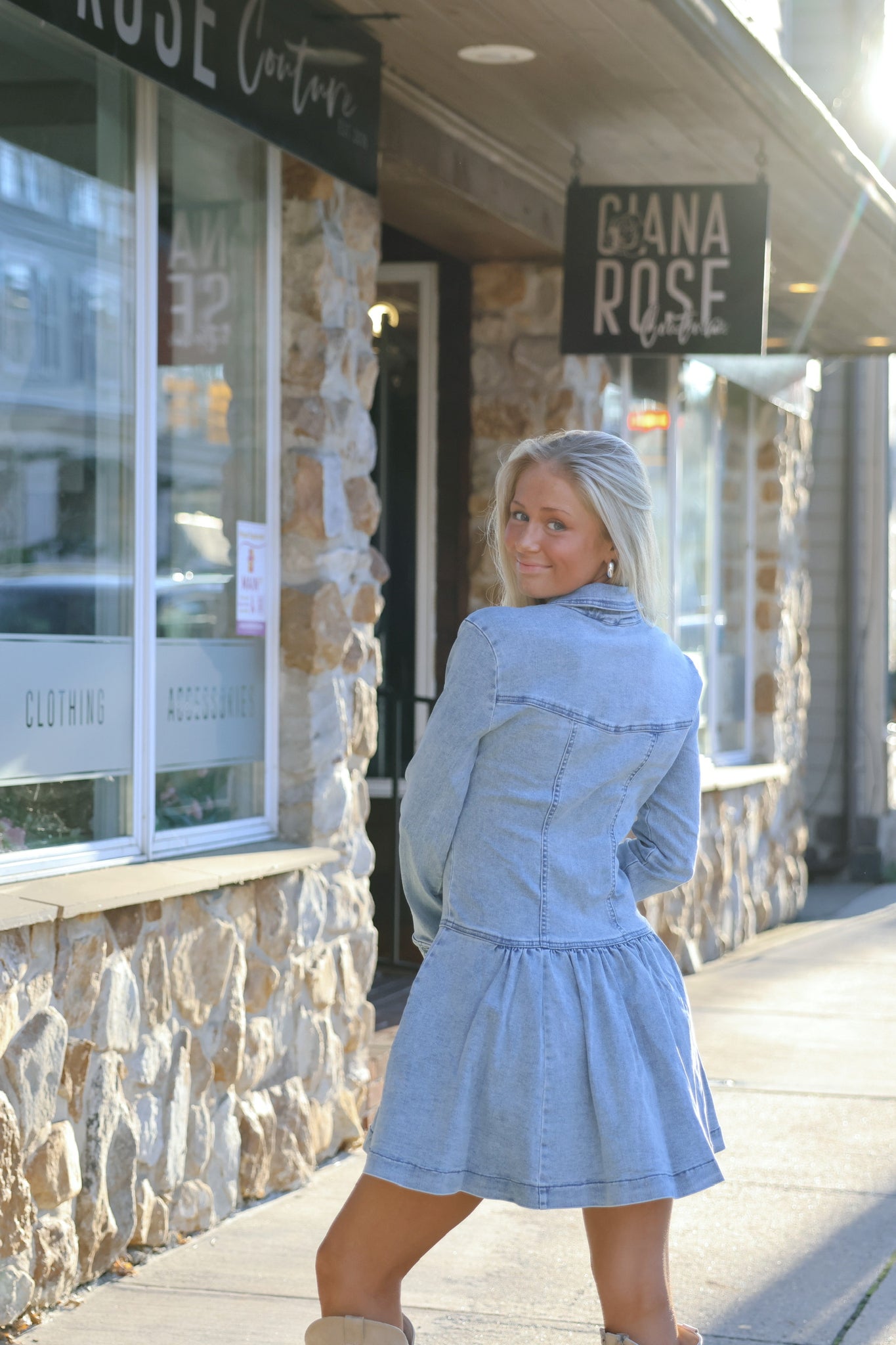 roadhouse mini dress brookelmcdonald is absolutely slaying in our Free People Denim Roadhouse Mini Dress from the Valentine's Day Collection! Tap to shop this dreamy look now! #VDayOutfit #NewArrivals #OOTD #DateNightOutfit #TrendyOufits