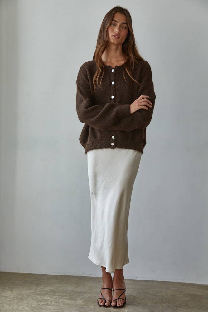 Knit Sweater Round Neck Long Sleeve Cardigan Top: Dark Chocolate